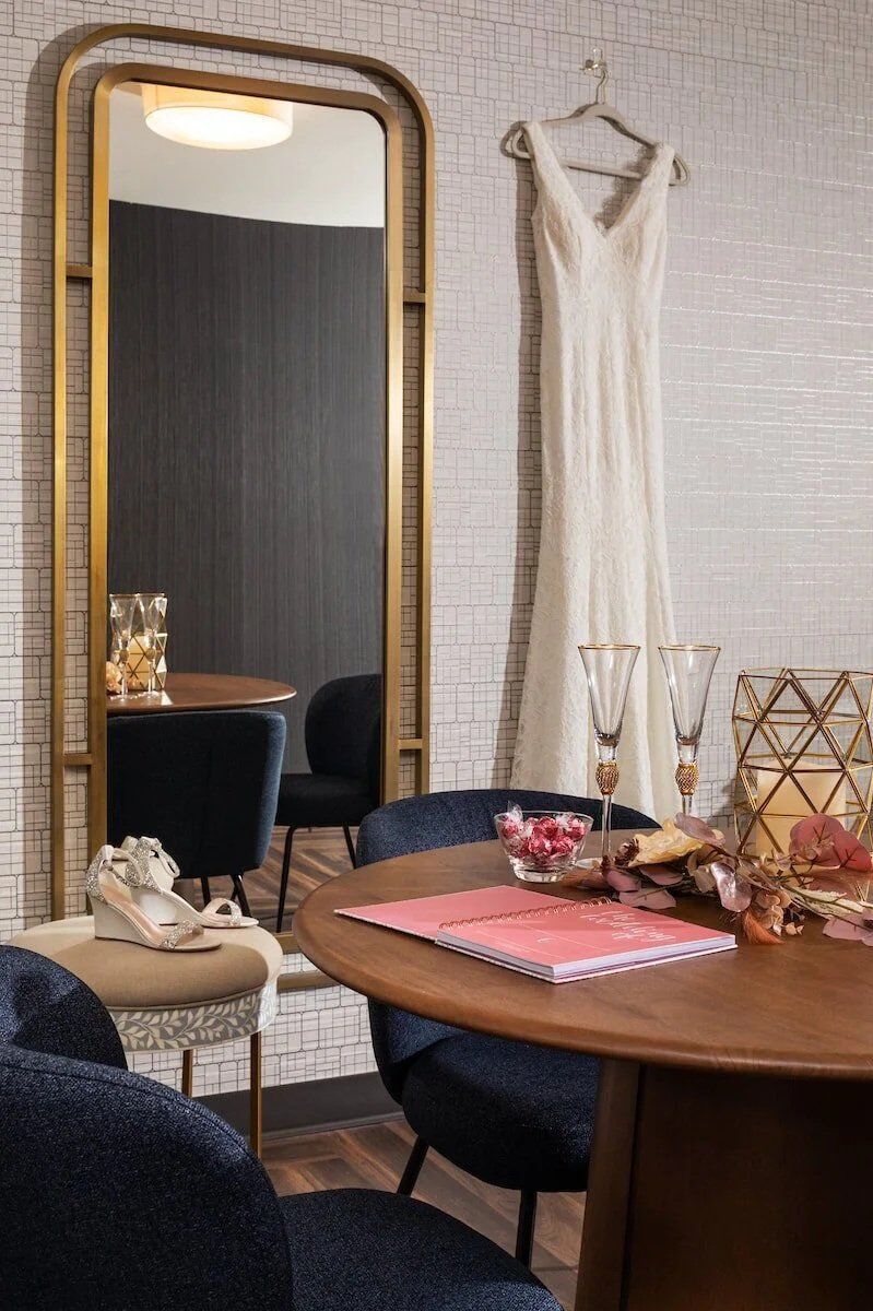 The dress waiting in the Wedding Suite at Courtyard by Marriott Mankato